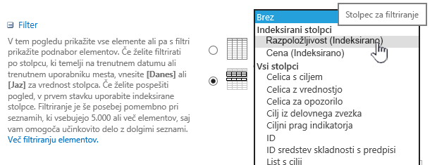 V storitvi SharePoint Online izberite indeksirano polje