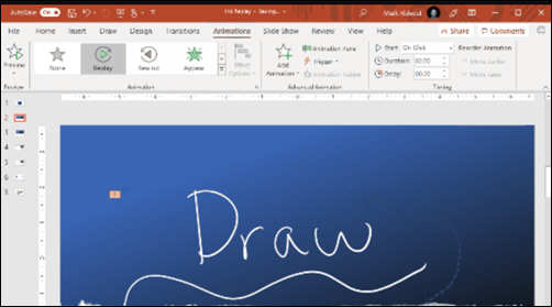 PowerPoint slide with handwritten text and options for ink replay being clicked