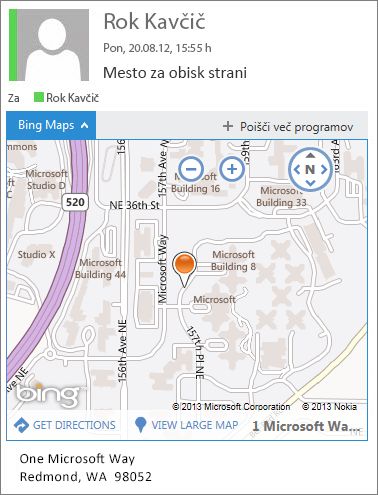 E-poštno sporočilo s programčkom Zemljevidi Bing, ki na zemljevidu prikazuje naslov