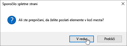 Pogovorno okno za potrditev izbrisa elementa z označeno besedo »Izbriši«