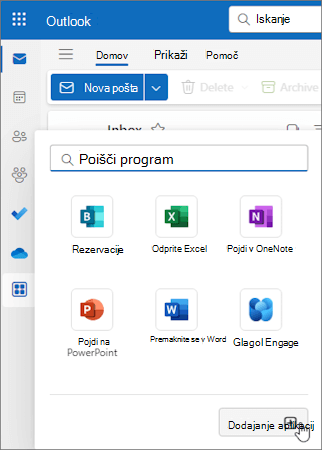 Pojavni meni »Več aplikacij« v Outlook v spletu in novem Outlooku za Windows.