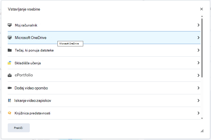 Vdelajte datoteko iz storitve OneDrive v urejevalnik Brightspace z menijem vstavi vsebino.