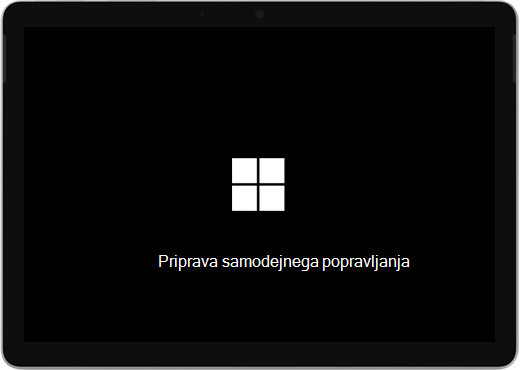 Črn zaslon z logotipom Windows besedilom »Priprava samodejnega popravila«.