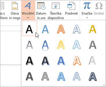 Izbiranje sloga WordArt na zavihku »Vstavljanje«