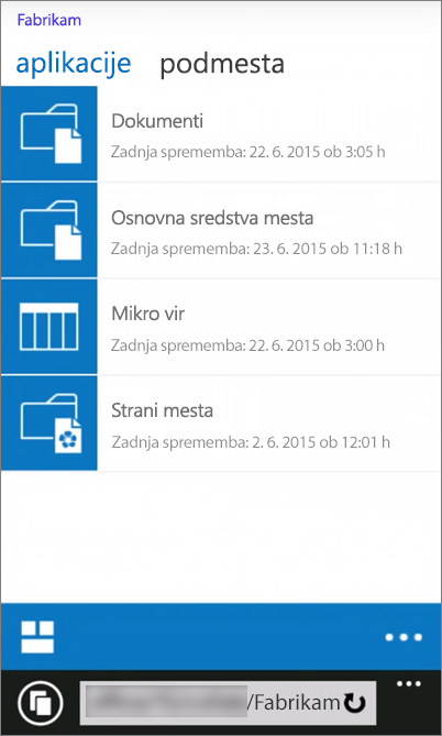 Posnetek zaslona mobilnega pogleda spletnega mesta strežnika SharePoint Server 2016
