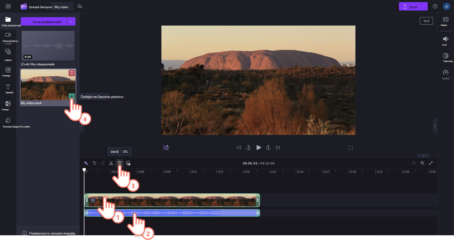 Slika uporabnika, ki izbere zvočne posnetke in videoizrezke, klikne »izbriši« in nato na časovnico doda izvirni videoposnetek