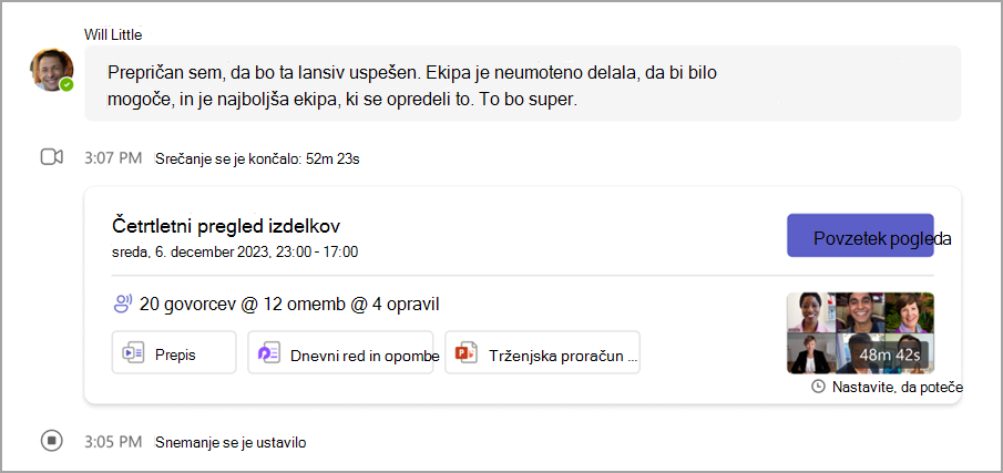 Preglejte podrobnosti srečanja v klepetu v srečanju.