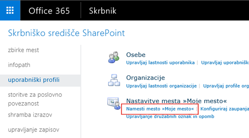 Slika zaslona menija» nastavitve SharePointa «in označen uporabniški profil