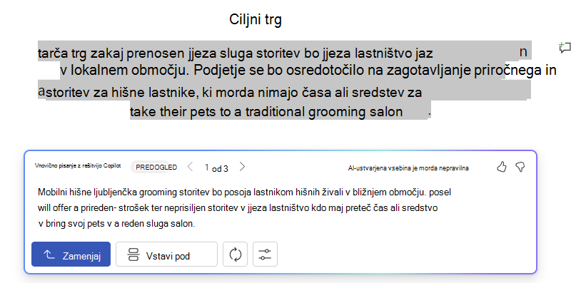 Posnetek zaslona storitve Copilot v Wordu s predlogi in možnostmi za preoblikovanje besedila