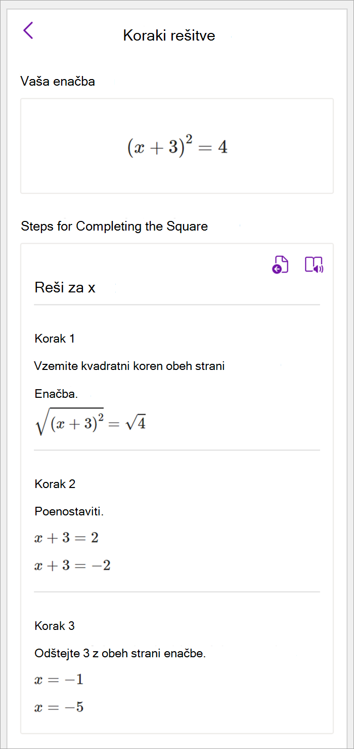 Posnetek zaslona podokna za matematiko v namizni različici OneNota. Prikazani so koraki rešitve za dokončanje kvadratne metode za rešitev za x.