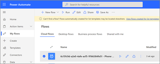 My flows in Power Automate showing a flow created from a list template