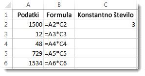 Podatki v stolpcu A, formule v stolpcu B in številka 3 v celici C2