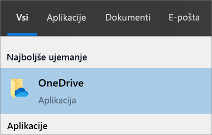 Posnetek zaslona, na katerem je prikazano iskanje namizne aplikacije OneDrive v sistemu Windows 10