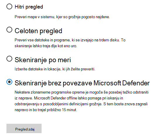 Pogovorno okno »Možnosti optičnega branja«, ki Microsoft Defender brez povezave izbrana možnost »Pregled«.