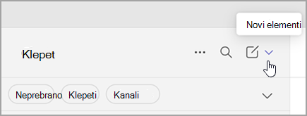 Posnetek zaslona možnosti za izbiro novih elementov v kombiniranem pogledu. Ta možnost je na desni strani nad seznamom klepetov in kanalov.