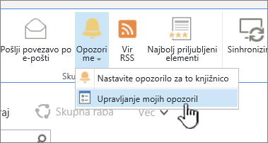 Označen gumb »Upravljaj opozorilo« v programu SharePoint 2016