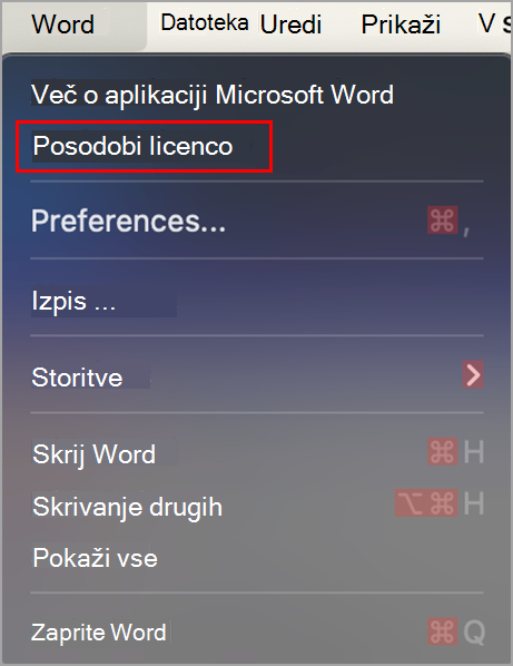 Iskanje gumba »Posodobi licenco« v storitvi Microsoft Word v sistemu MacOS.