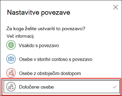 Nastavitev povezave v storitvi OneDrive z označeno možnostjo »Določene osebe«.