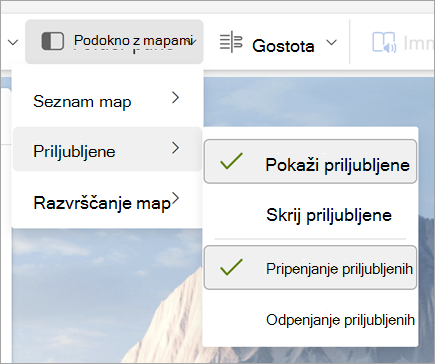 Posnetek zaslona spustnega menija »Podokno z mapami« z izbrano možnostjo »Pokaži priljubljene« in »Pripni priljubljene«