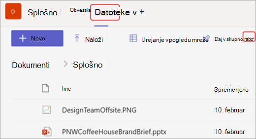 Posnetek zaslona zavihka »Datoteke« in možnosti »Odpri v SharePointu« v aplikaciji Microsoft Teams