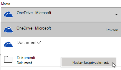 Pogovorno okno» shranjevanje datotek «v sistemu Office 365, ki prikazuje seznam map razširjeno, tako da lahko uporabnik spremeni privzeto mapo» shrani «.
