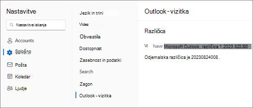 Slika novih informacij o različici Outlooka za Windows z označenim ukazoma »Splošno« in »Outlook – vizitka«.