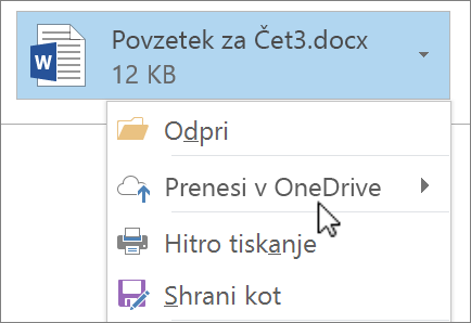 Posnetek zaslona Outlookovega okna za sestavljanje sporočila, na katerem je prikazana priložena datoteka z izbranim ukazom za prenos.