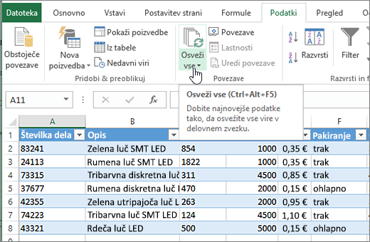 Excelova preglednica z uvoženim seznamom in označenim gumbom »Osveži vse«.