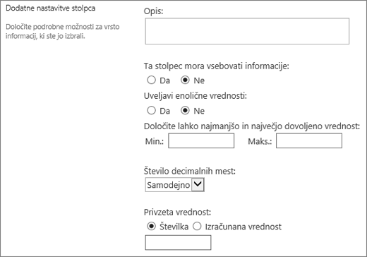 Choices for the numeric column