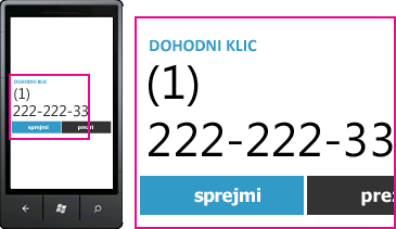 Posnetek zaslona, ki prikazuje telefonsko številko dohodnega klica in gumb za sprejem v Lyncu za mobilne odjemalce