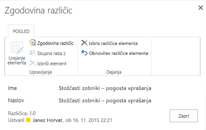 SharePoint 2016 history dialog box showing previous version