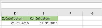 Začetni datum v celici D53 je 1. 1. 2016. Končni datum je v celici E53 31. 12. 2016