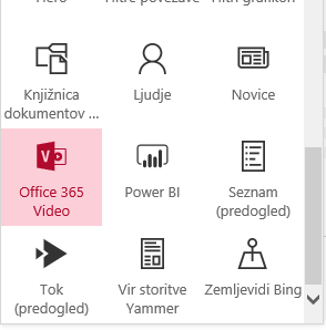 Posnetek zaslona z gumbom v meniju Video storitve Office 365 v SharePointu.