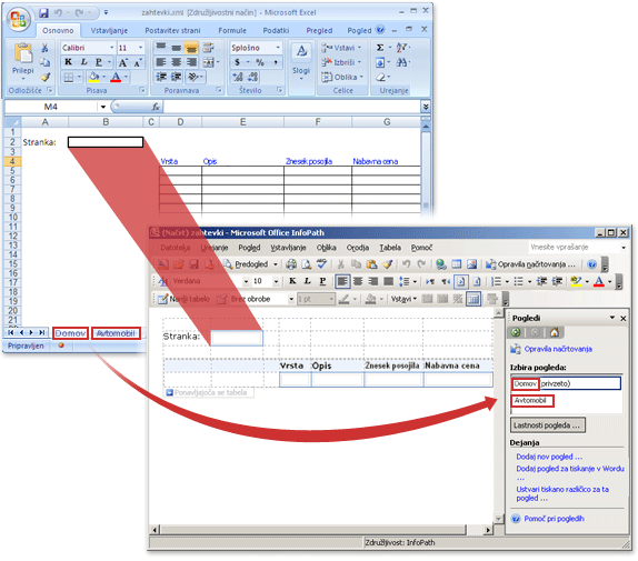 Excelov delovni zvezek pred pretvorbo v InfoPathovo predlogo obrazca in po njej.