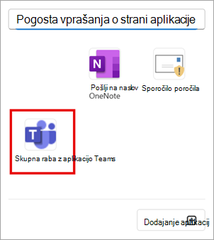 Izberite Možnost »Skupna raba v aplikaciji Teams« za skupno rabo e-pošte v aplikaciji Outlook v aplikaciji Teams.