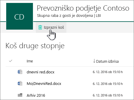 Koš na 2. ravni v storitvi SharePoint Online z označenim gumbom »Izprazni koš«