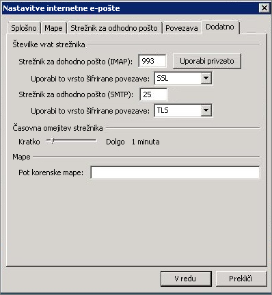 Posnetek zaslona zavihka »Dodatno« v pogovornem oknu »Nastavitve e-pošte«.