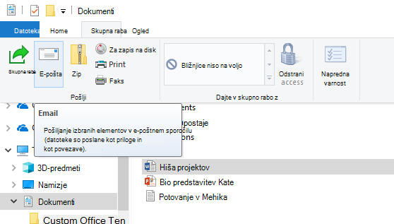 Skupna raba datoteke prek e-pošte v Windows 10