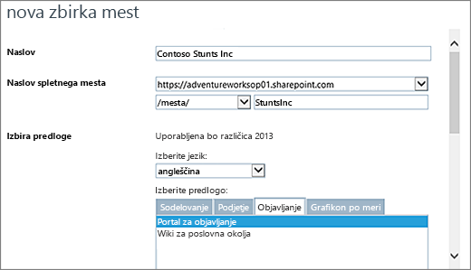 Zgornji del pogovornega okna za novo zbirko mest z označeno možnostjo »Portal za objavljanje«