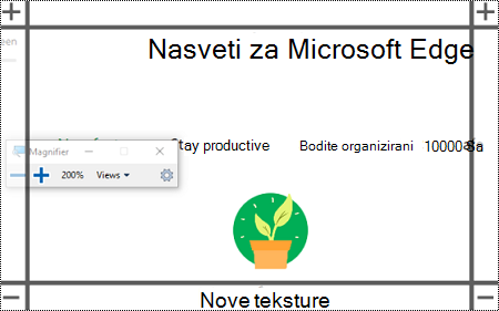 Obrobe lupe s simboli za povečavo v zgornjem desnem in levem kotu ter simboli za pomanjšanje v spodnjem desnem in levem kotu zaslona.