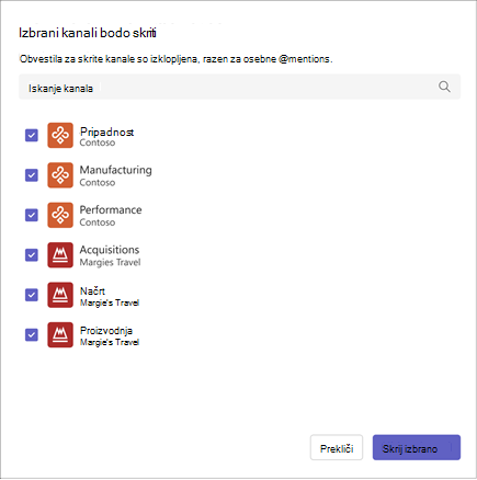 Posnetek zaslona vmesnika za izbiranje kanala. Vsebuje seznam kanalov, potrditvena polja, da jih izberete, in opozorilo o izklopljenih obvestilih. Izberite kanale, da jih skrijete.