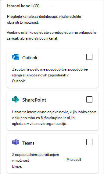 Posnetek zaslona stranske plošče, ki prikazuje potrditvena polja za Outlook, SharePoint in Teams.