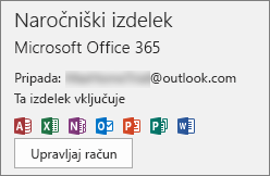 Prikazan je e-poštni račun, ki je povezan z Officeom