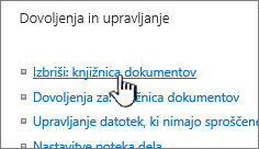 Možnost »Brisanje knjižnice dokumentov« na strani »Nastavitve knjižnice«