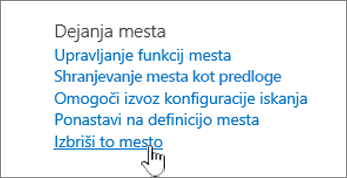 Meni »Nastavitve mesta« z označeno možnostjo »Izbriši to mesto«