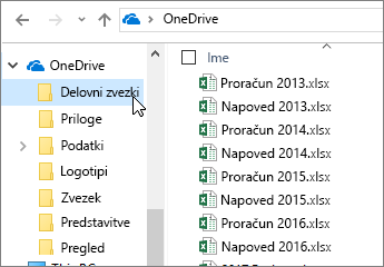 Mapa raziskovalec, OneDrive, Excelove datoteke