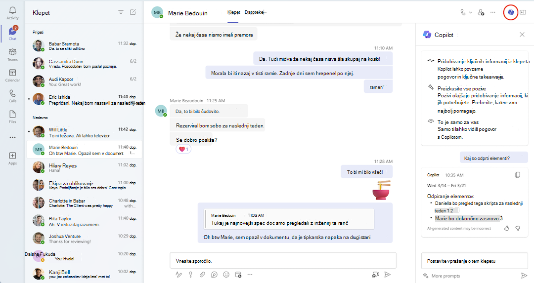 Pogled storitve Copilot v klepetu znotraj aplikacije Teams