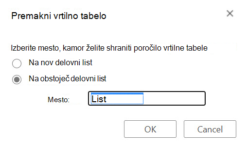 Pogovorno okno »Premikanje vrtilne tabele« v Excelu za splet.