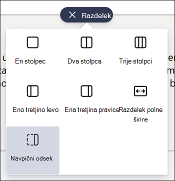 Vertical section highlighted in list of section types