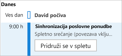 Pokaže gumb »Pridruži se v spletu« za srečanja